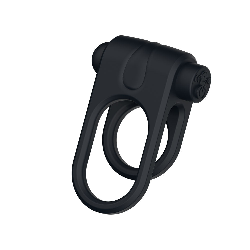Passion Play Silicone Vibrating Dual Cockring - Black USB Rechargeable Cock & Balls Ring