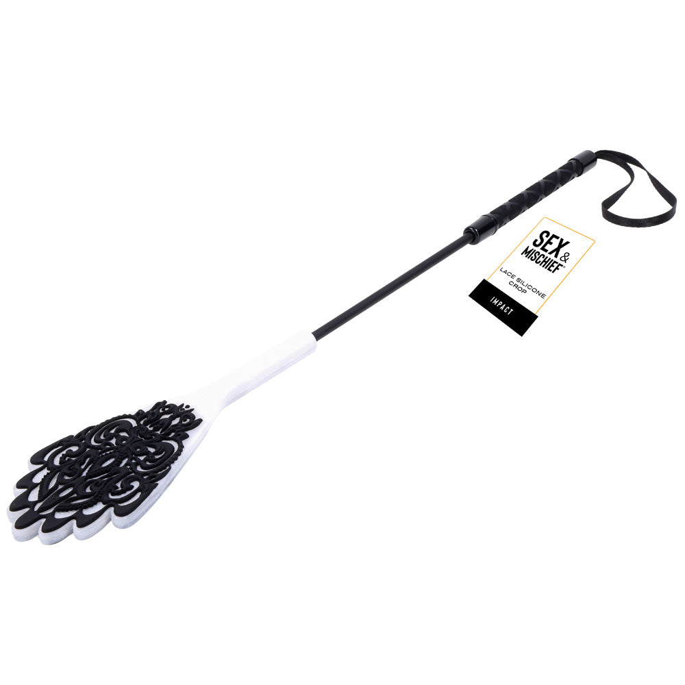 Sex & Mischief Lace Silicone Crop - Black/White 50 cm Crop Whip