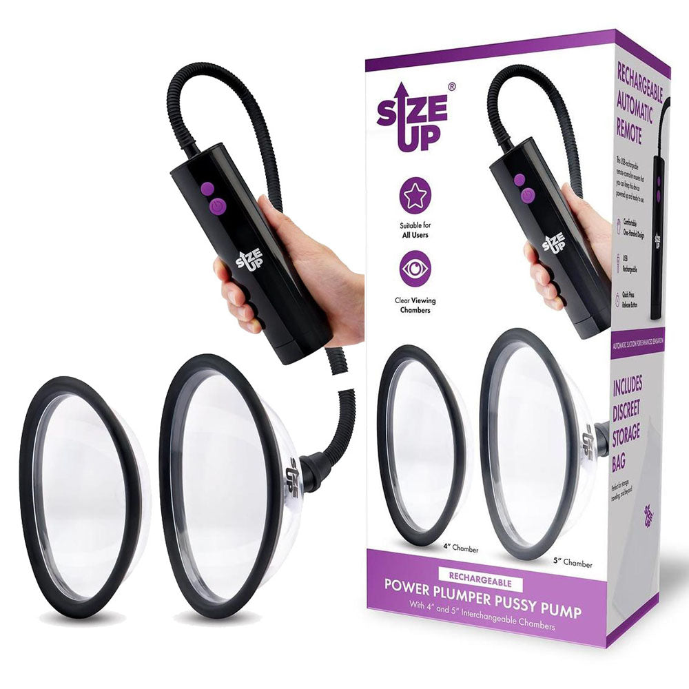 Size Up Rechargeable Power Plumper Pussy Pump - Clear USB Rechargeable Vagina Pump with Interchangeable Chambers